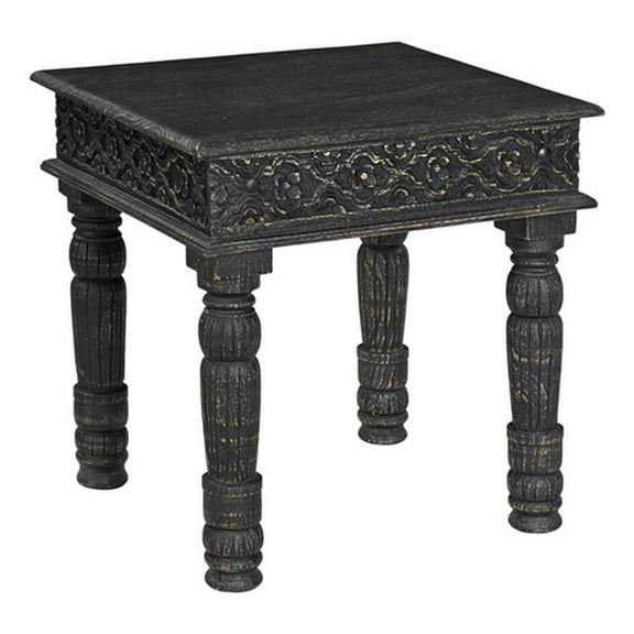 Pemberly Row Contemporary Carved Solid Wood End Table in Black
