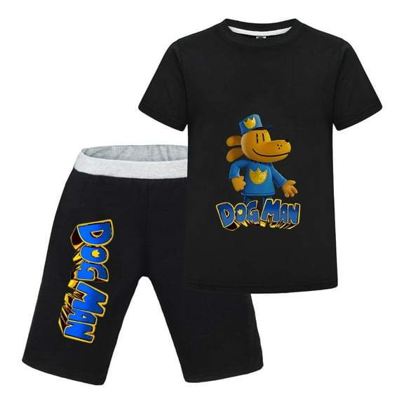 Dog Man 3D Hero Close-Up Design Kids Outfit Set – Boys Girls Short-Sleeve Graphic T-Shirt and Shorts 2-Piece Cartoon Clothing for Summer Play, Sleepwear, or Casual Wear