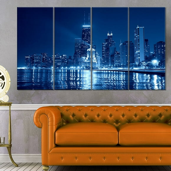 Design Art Blue Chicago Skyline Night Cityscape Photo Canvas Art Print