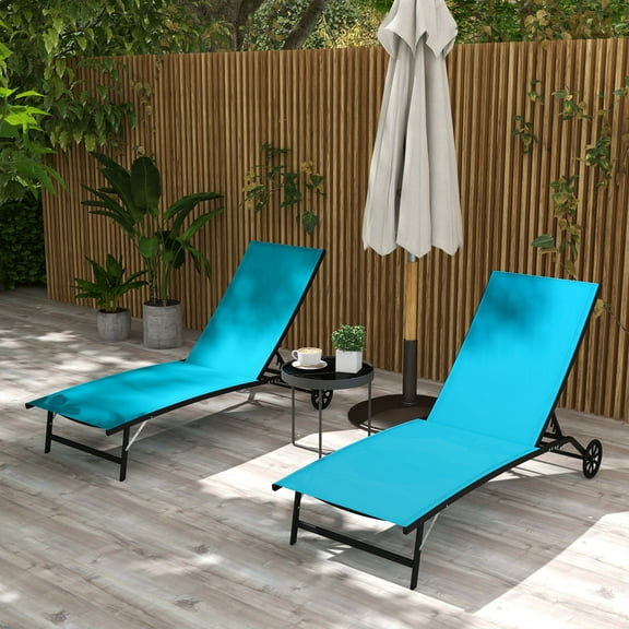 Outsunny Set of 2 Outdoor Chaise Lounge Chairs with 5-Level Adjustable Backrest, Wheels, 2 Piece Pool Loungers, Suntanning Furniture, Blue