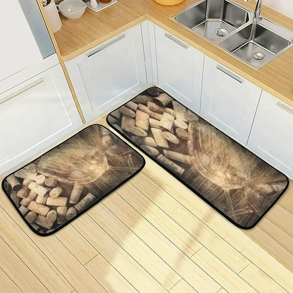 SKYSONIC Wine Glasses Corks Kitchen Rugs Set of 2, Old Vintage Floor Runner Area Rug Washable Carpet Mat Perfect for Living Room Bedroom Entryway