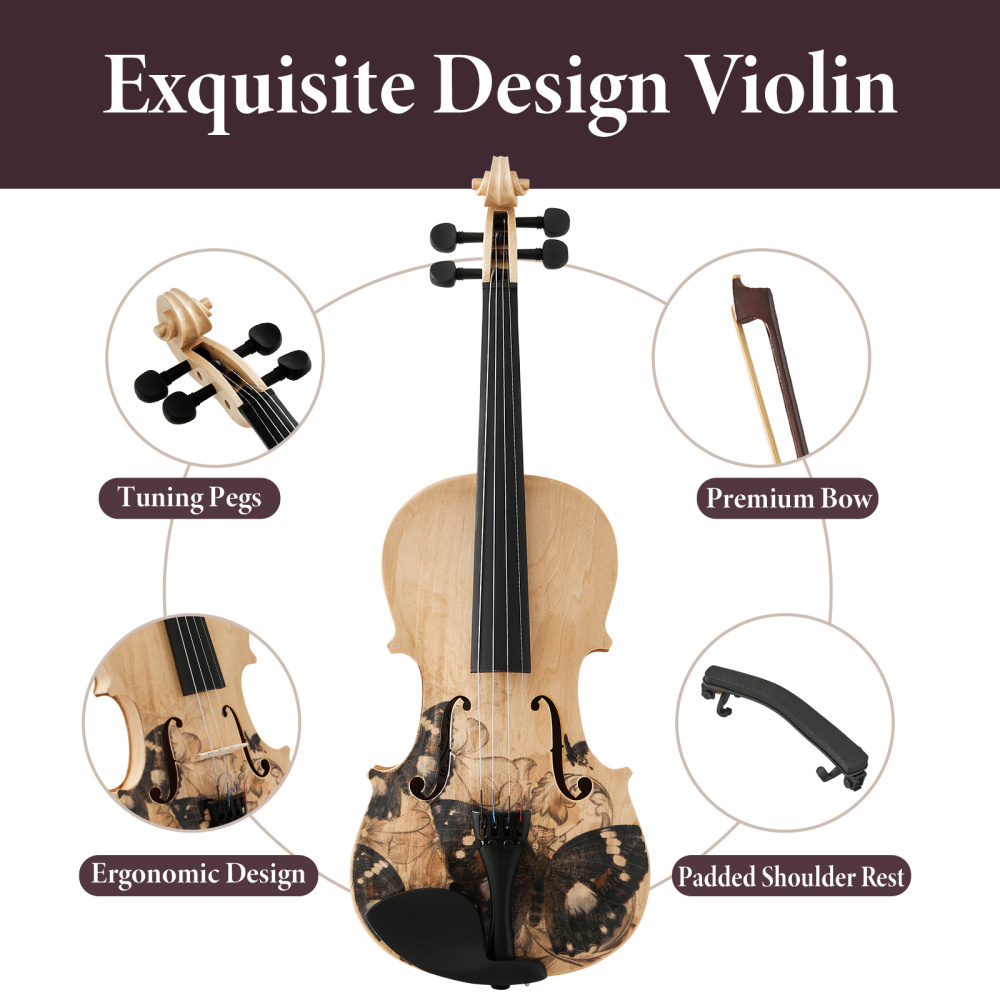 Distinctive Artistic Violin Set for Beginners Students Adults with Hard Case Bow Extra Strings Full Size Hand Carved Spruce Top Ebony Fingerboard