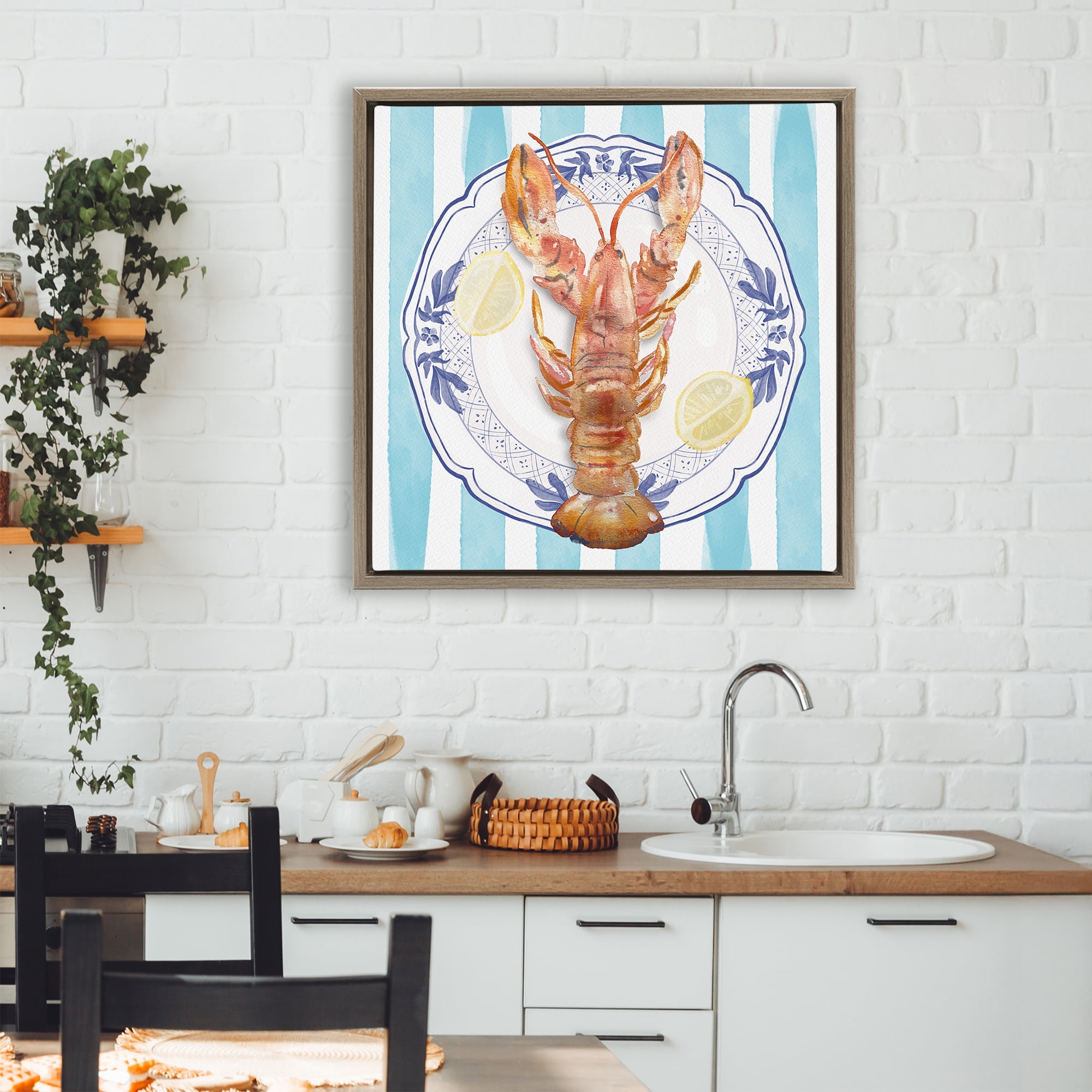 Stupell Industries Lobster Seafood Plate Brown Framed Floater Canvas Wall Art, design by Christie Adams