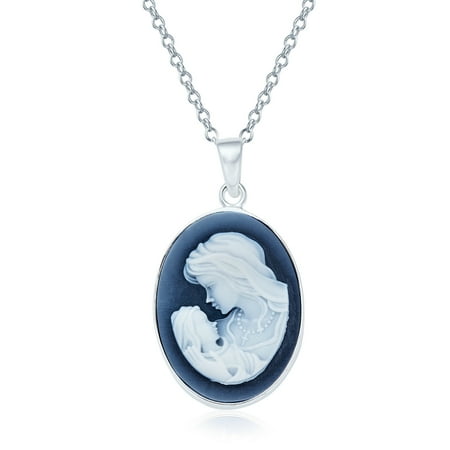 Bling Jewelry Womens Classic Victorian Lady Portrait Cameo Pendant Necklace in Sterling Silver Blue & White