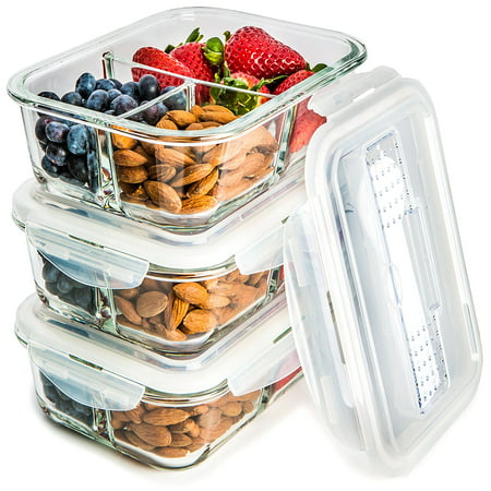 [3-Pack] Glass Meal Prep Containers 3 Compartment - Food Storage Container Set with Airtight Locking Lids with Cutlery Compartment - Portion Control - Microwave, Freezer, Oven & Dishwasher