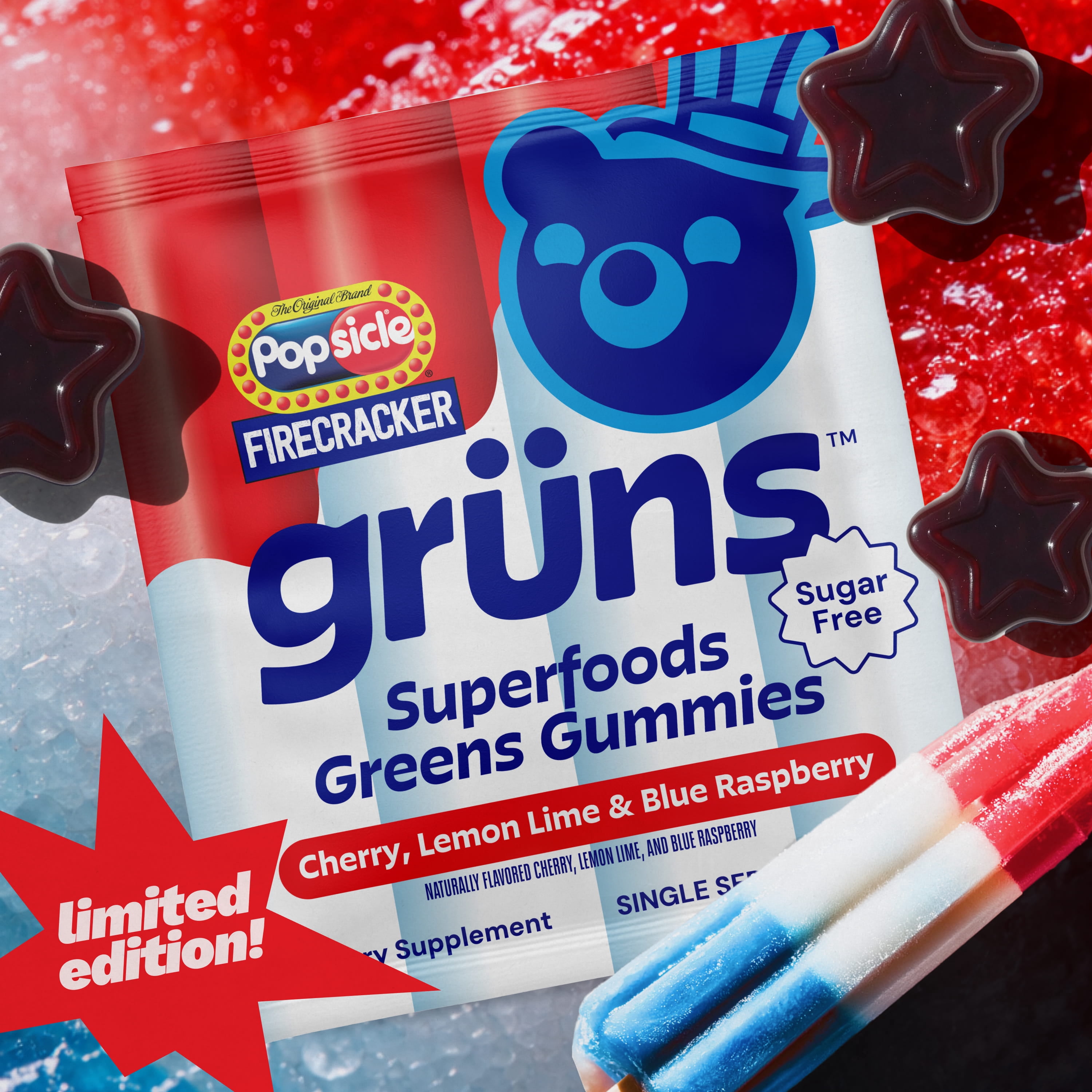 Gruns Firecracker Popsicle Sugar Free Superfoods Greens Gummies - 12 Servings