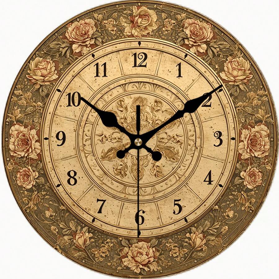 Ornate Antique Rose Round Wall Clock, Silent Non-Ticking Victorian Vintage Clock, French Floral Decor for Living Room Bedroom Entryway Home