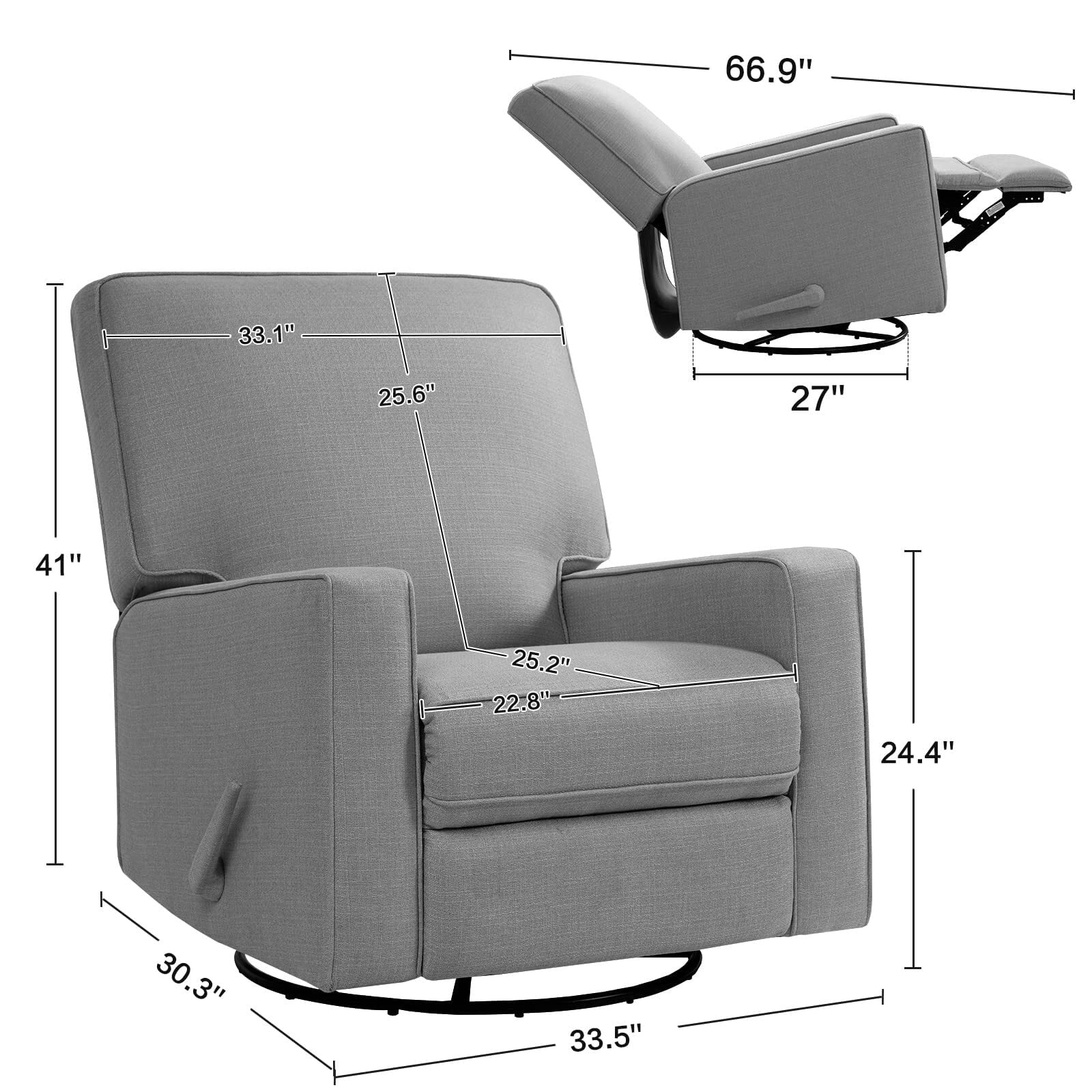 Fairyland Multi-Functional Swivel Glider Recliner Chair, 360° Rocking Recliner for Small Spaces, Nursery & Home Theater,Grey