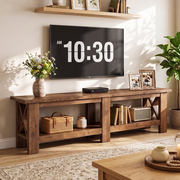 Finmind 70.87" Solid Wood TV Stand for TVs up to 80", Farmhouse Long Entertainment Center with Storage Shelves, Media Console