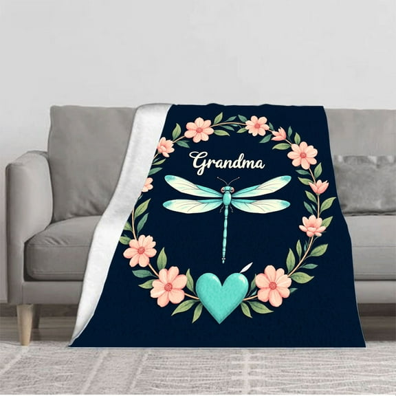 Cozy Flannel Blanket with Floral Dragonfly Design - Soft Warm Perfect for Sofa Travel Bed and Chair - Ideal Gift for Grandma