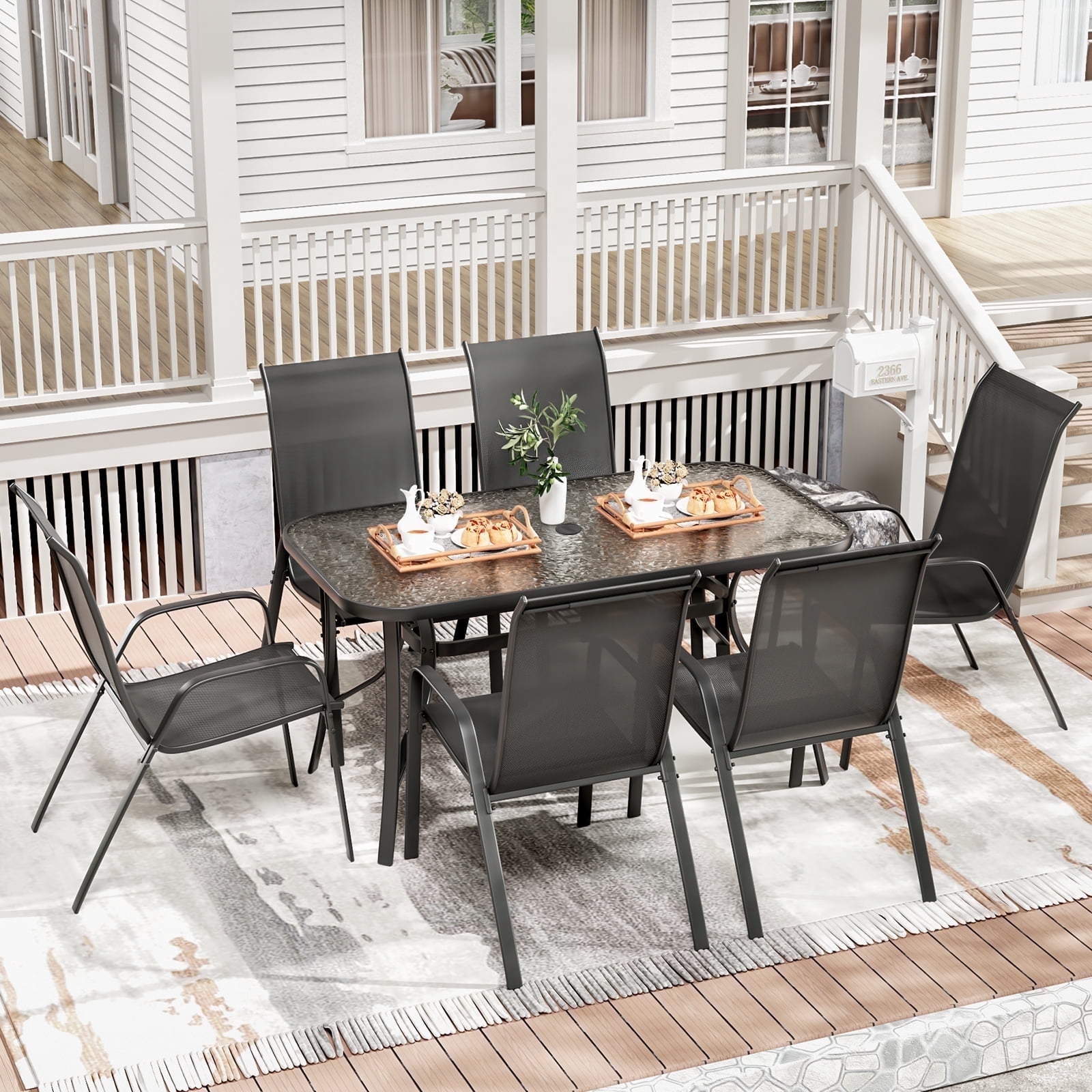 Pirecart Patio Dining set, Outdoor Furniture Set of 7 with Widened Table and Umbrella Hole, All Weather Patio Dinng Set for Garden, Backyard, Poolside, Black