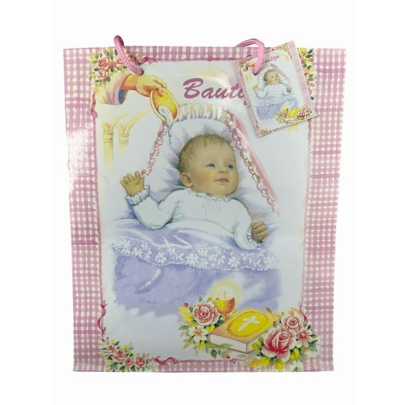 9.5 in x 8 in x 4 in Baptism Paper Gift Bags, Elegant Designs for Religious Keepsakes, Thoughtful Presents, Ideal for Christening, Baby Dedication, First Communion, Memorable Gifting, Pink