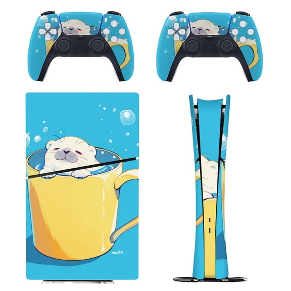 Skin Sticker for PS5 Slim Standard PS5 Pro Disc Digital Edition Console and Controllers Decals for Playstation 5 (Cute Seal In Cup,PS5 Pro Disc Edition)