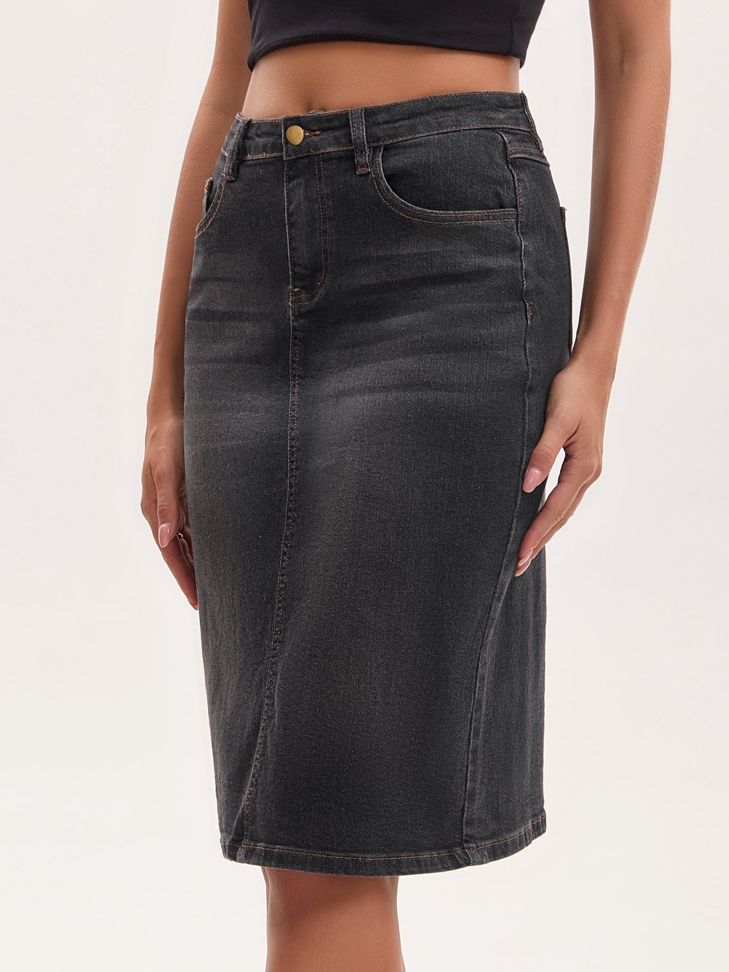 DARING DIVA Women's Jean Back Slit Stretch Below Knee Length Denim Skirts S Black