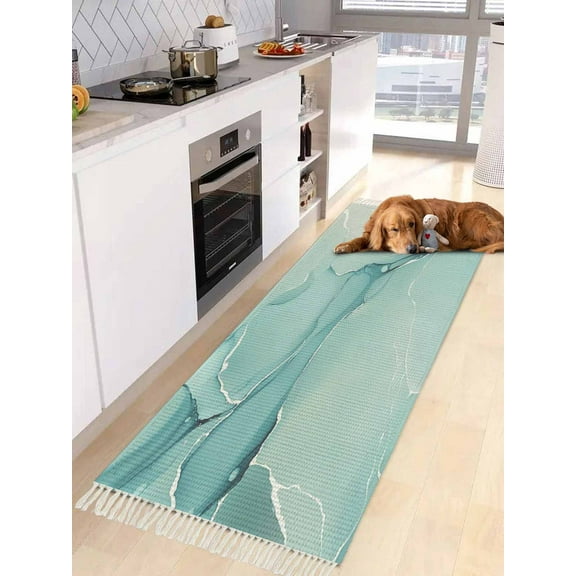 Turquoise Entryway Runner Rug 2x4ft,Modern Marble Ink Painting Abstract Art Washable Woven Living Room Hallway Bedroom Kitchen Carpet with Tassels,Indoor Outdoor Throw Door Mat for Entryway