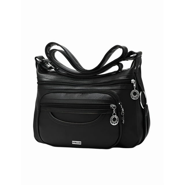 Bolso Xtellar Bandolera Multibolsillos De Piel Suave Para Mujer Color Negro