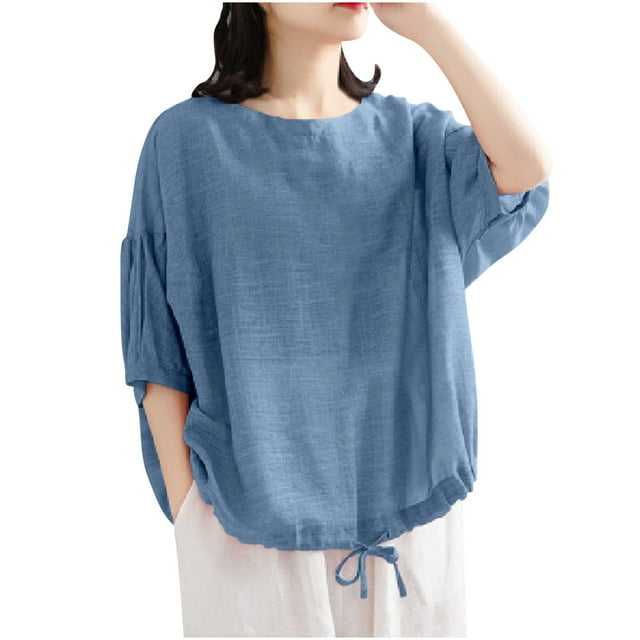 Timegard Womens Tops Round Neck 3/4 Sleeve Drawstring Loose Lightweight Casual Solid Color Blouse Top