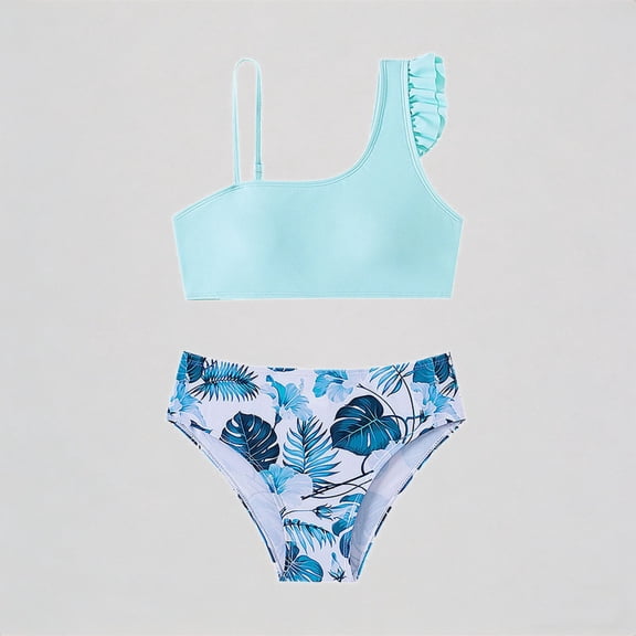 REDARER Girls 2-Piece Bikini Set: One-Shoulder Ruffled Top & Tropical Leaf Print Bottom – Fresh Summer Beach Bathing Swimwear,14-15 Years
