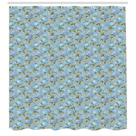 Garden Shower Curtain Botanical Blue Hydrangea Flowers On Polka