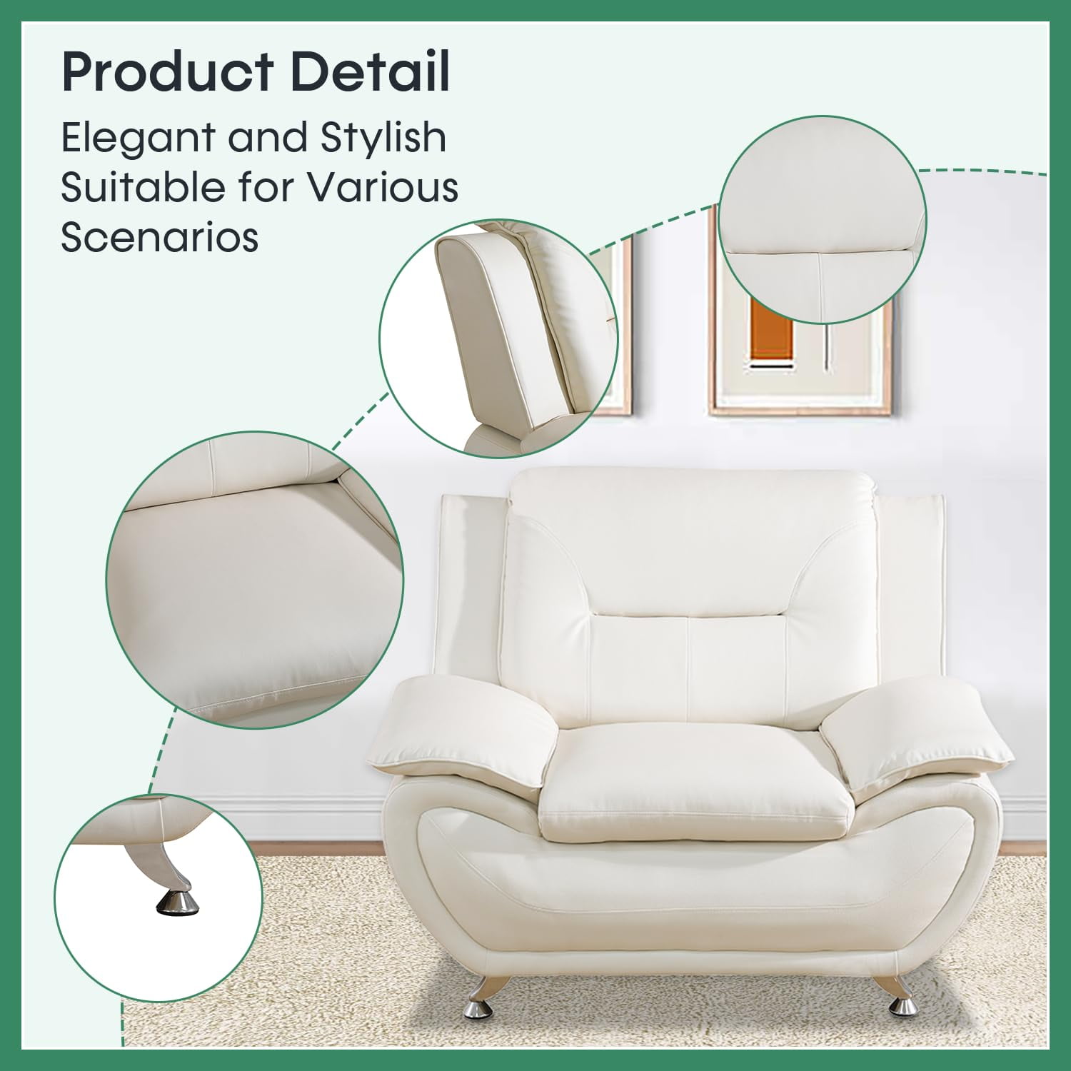 PonLiving Oversize Modern Leather Sofa Set with Loveseat and Armchair, 3-Piece Living Room Furniture Sets, Off White