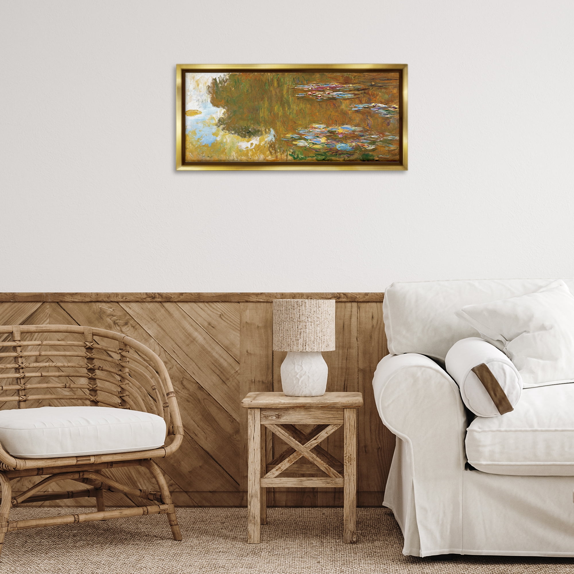 Stupell Industries Classic Monet Water Lily Pond Landscape & Nature Painting Gold Floater Framed Canvas Art Print Wall Art, 25 x 11