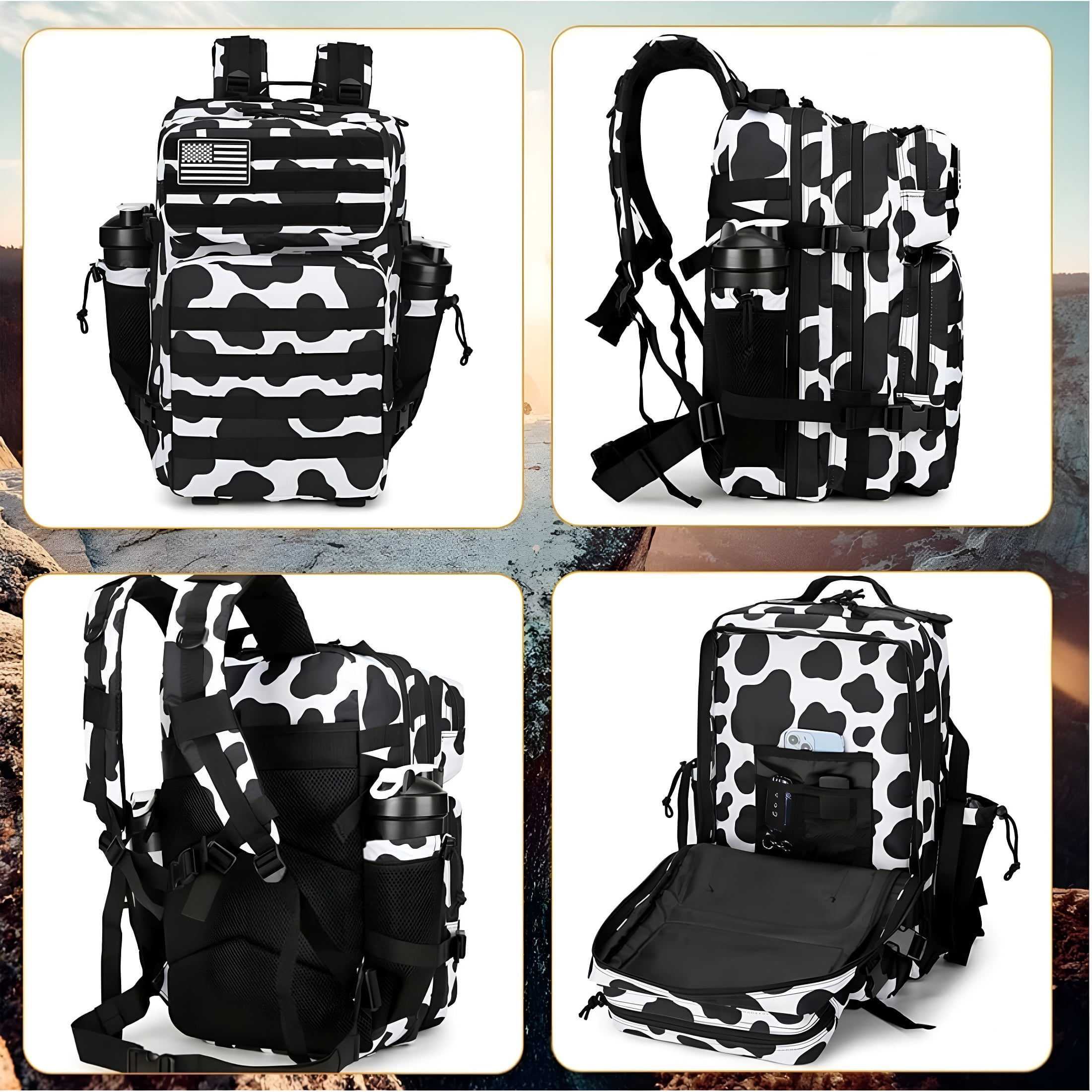GASTROPOD 25L Cow Print Tactical Backpack Military Tactical Backpack For Men And Women Small Assault Pack Outdoor Travel Hiking Camping Rucksack With Molle Webbing