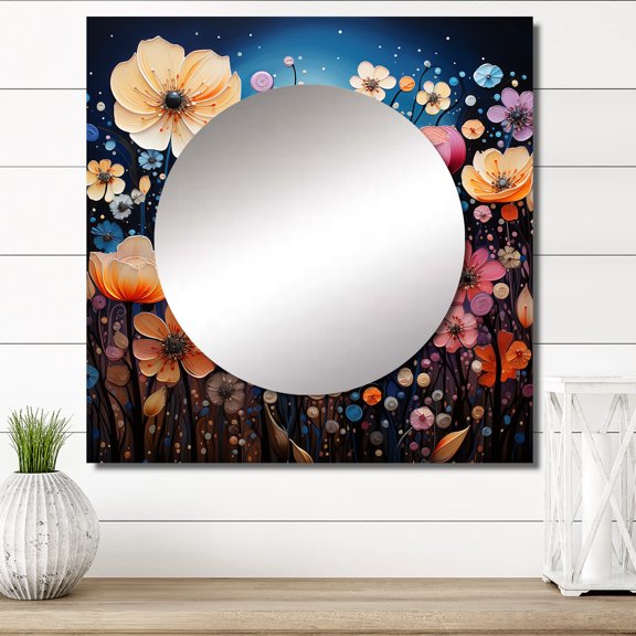Designart "Whimsical Blooms of Wildflowers in Pointillism I" Floral Multi-Color Large Square Mirror - Square Bedroom Mirror Printed Wall Decor - Traditional Square Printed Wall Mirror Art