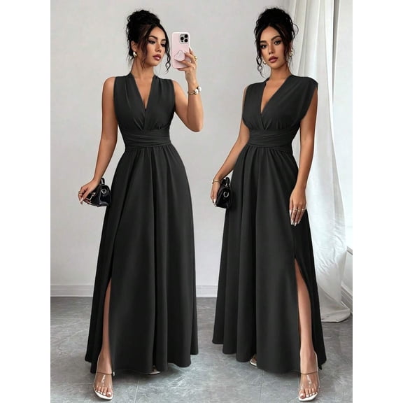 Womens Black Sleeveless V-Neck Maxi Dress With Side Slit And Bow Back