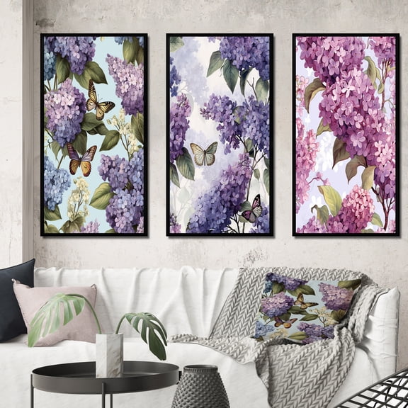 Designart "Fragrant Flowers in Purple Lilac V" Floral Framed Wall Art Set Of 3 - Purple Floral Frame Canvas Set For Living Room Decor