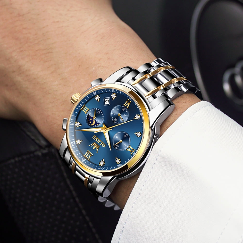 OLEVS Watches for Men, Mens Watches Gifts for Men Chronograph Analog Quartz Luxury Casual Classic Diamond Waterproof Luminous Stainless Steel Reloj para Hombre Blue Dial