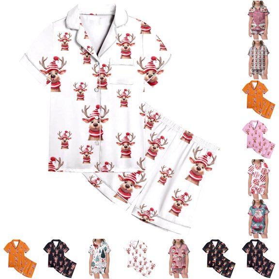Hienoo Girls Christmas Graphic Pajamas Short Sleeve Buttons Shirts Shorts Sets Holiday Sleepwear 2-13 Years
