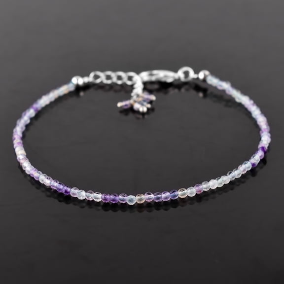 QNAVIC Natural Blue Fluorite Gemstone Micro Round Beads Dainty Bangle Bracelet, Handmade Jewelry for Women, Healing Chakra Crystals, Birthday Gift for Her, Silver Plated Chain 8 inch