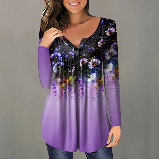 ICHUANYI Clearance Women Casual T-shirt Printed Long Sleeve Round Neck Ruched Pullover Blouse Tops(Purple, XXL) ICHUANYI WER2023081509237