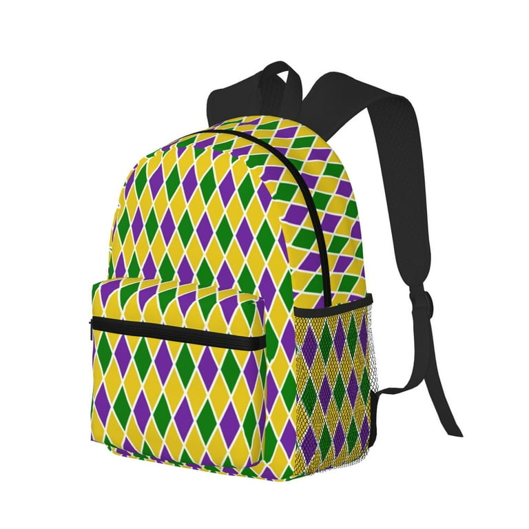 Balery Mardi Gras Purple Yellow Plaid Backpack for Women Men,Lightweight  Casual Travel Daypack,Classic Basic College Backpack,Middle School Bag for 