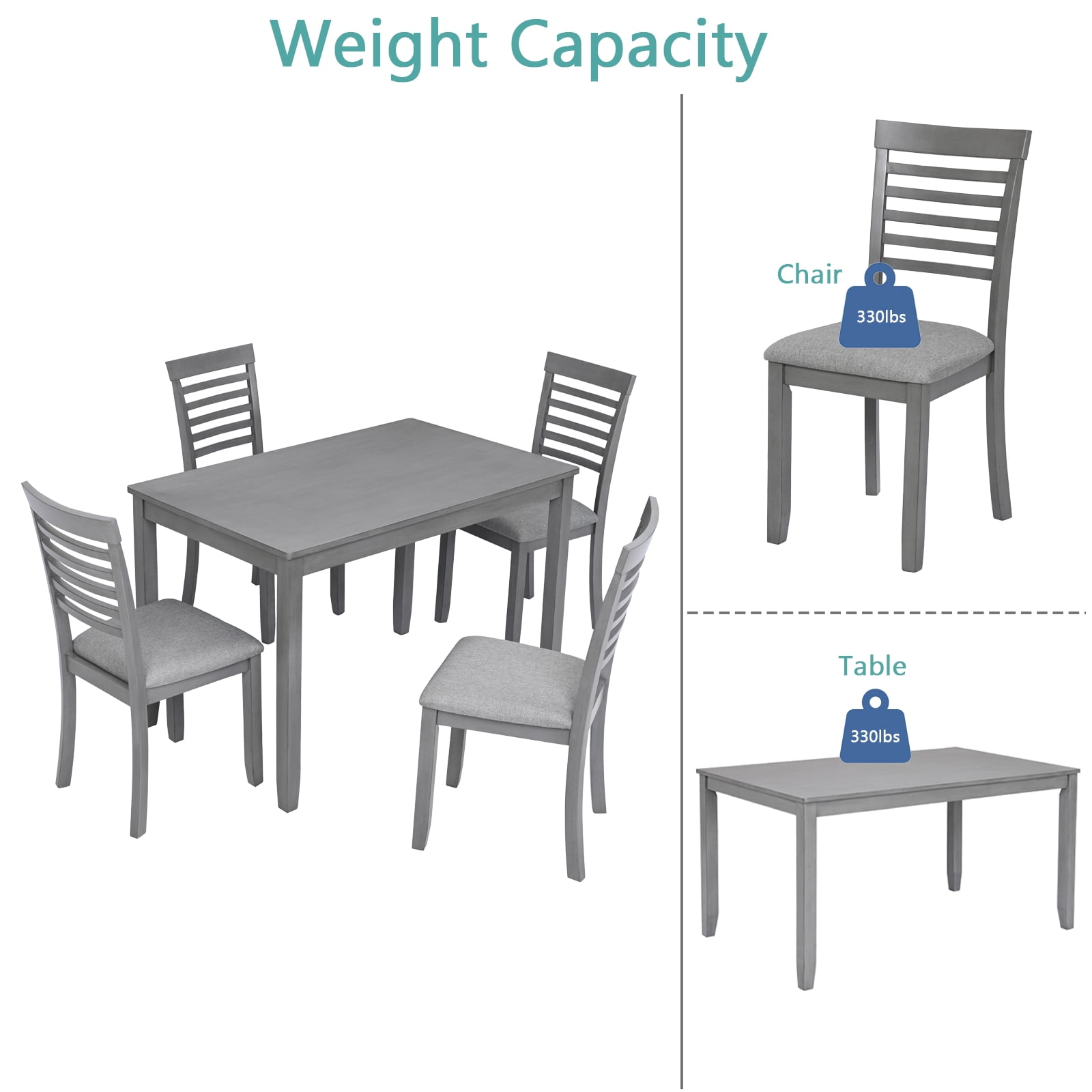 Aukfa 5 Piece Dining Table Set for 4, Rectangular Table with 4 Upholstered Chairs for Kitchen, Dining Room, Acacia Wood, Gray