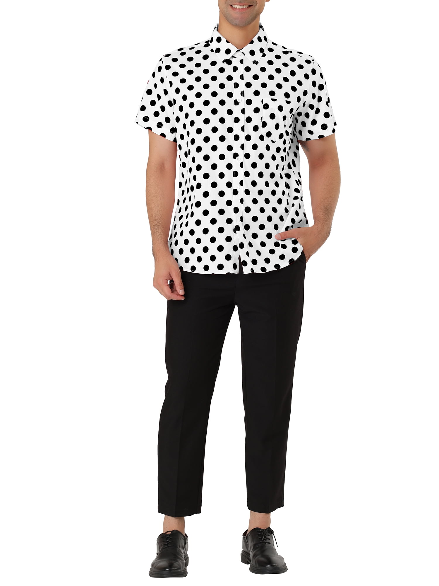 Unique Bargains Men's Button Down Short Sleeves Cotton Polka Dots Shirt XXL (US 50) Black and White