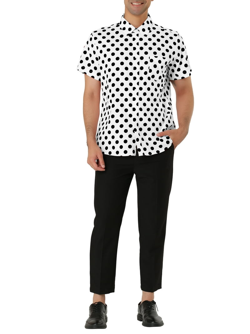 Unique Bargains Men's Button Down Short Sleeves Cotton Polka Dots