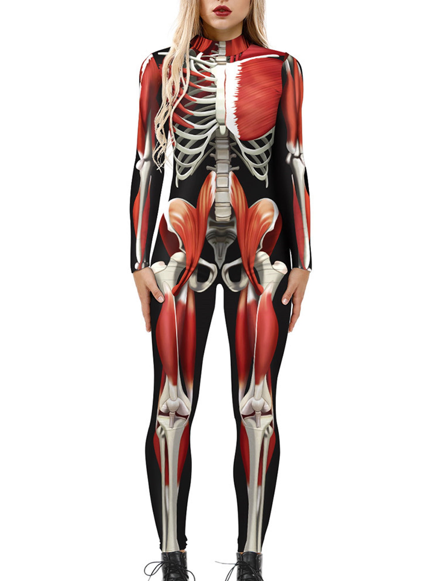 Women 3D Skeleton Bone Halloween Cosplay Costume Bodysuit Fancy Party Jumpsuit ~