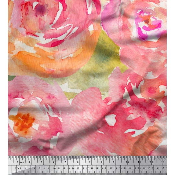 Soimoi Silk Fabric Rose Watercolor Print Fabric by the Yard 42 Inch Wide