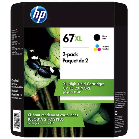 HP 67XL Black and Tri-Color Yellow Cyan Magenta Ink Cartridges 3YP30AN 2-Pack Combo Original for Deskjet 2755 (Sold without manufacturer warranty)