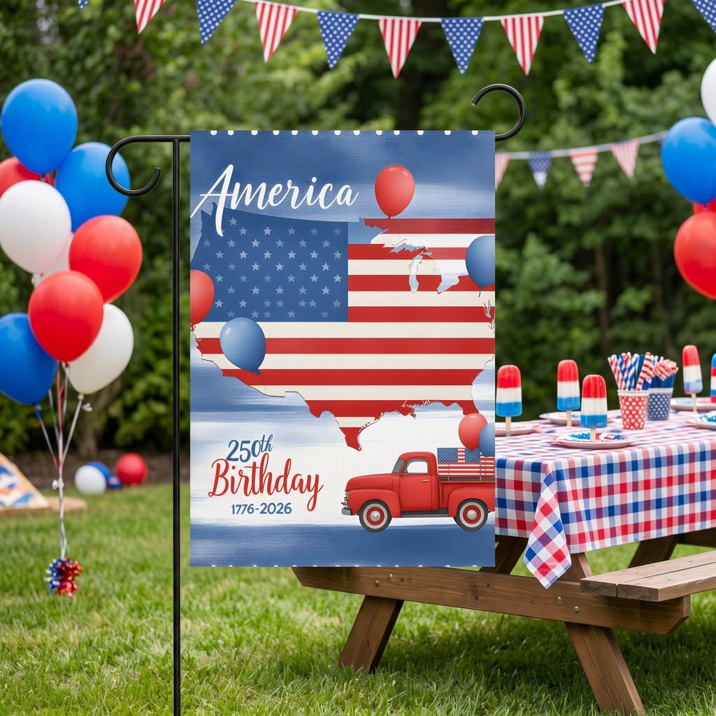Independence Day Garden Flag Red truck Map United States America 250th Birthday Celebration 1776-2026 28x40in House Flag USA Decor