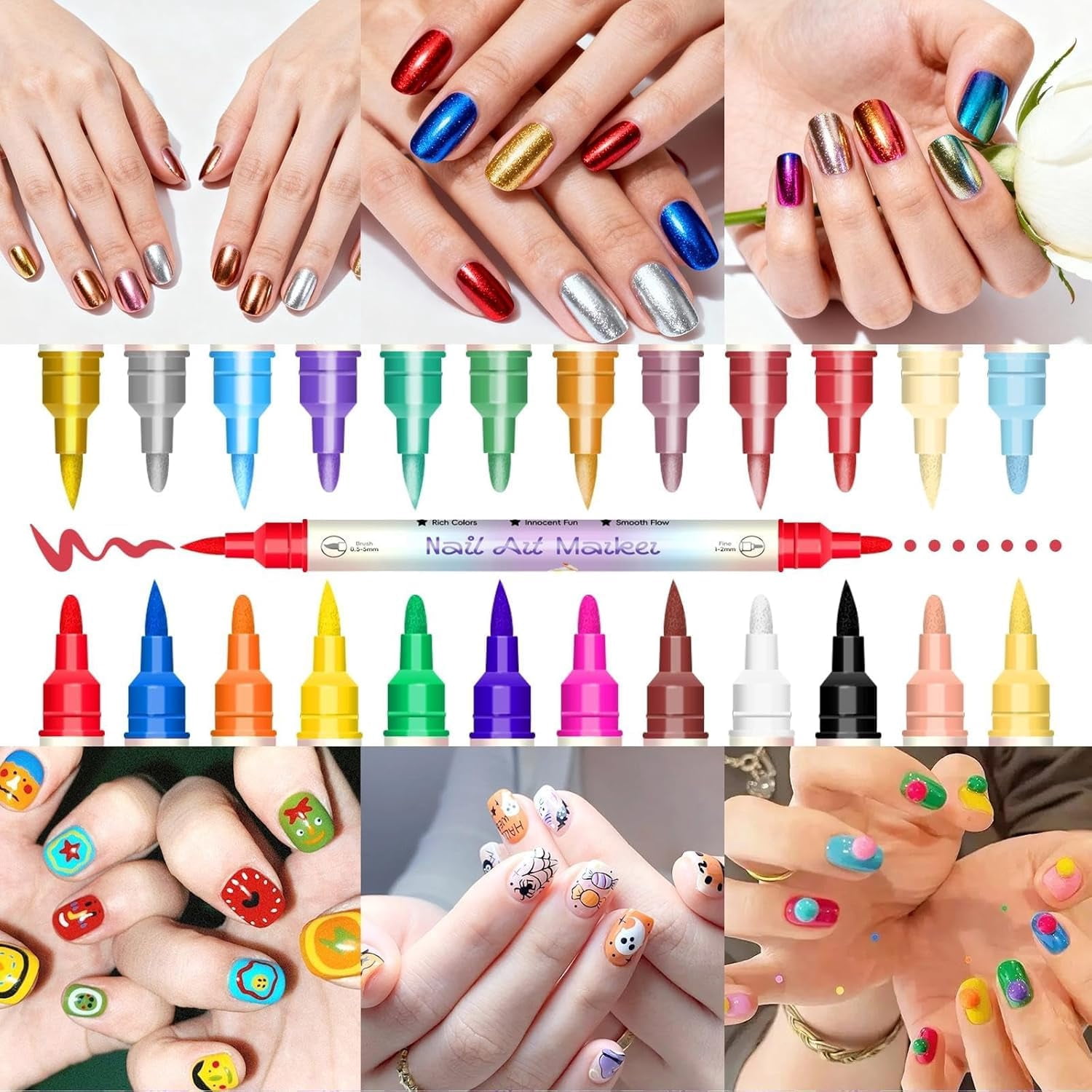 12/24 Color Nail Doodle Pen, 0.5 MM Nail Polish Pens Set, Dual-Tip Nails Art Markers, Waterproof and Quick-dryingNail for DIY Nails Art Design Manicure Tools (24 Color)