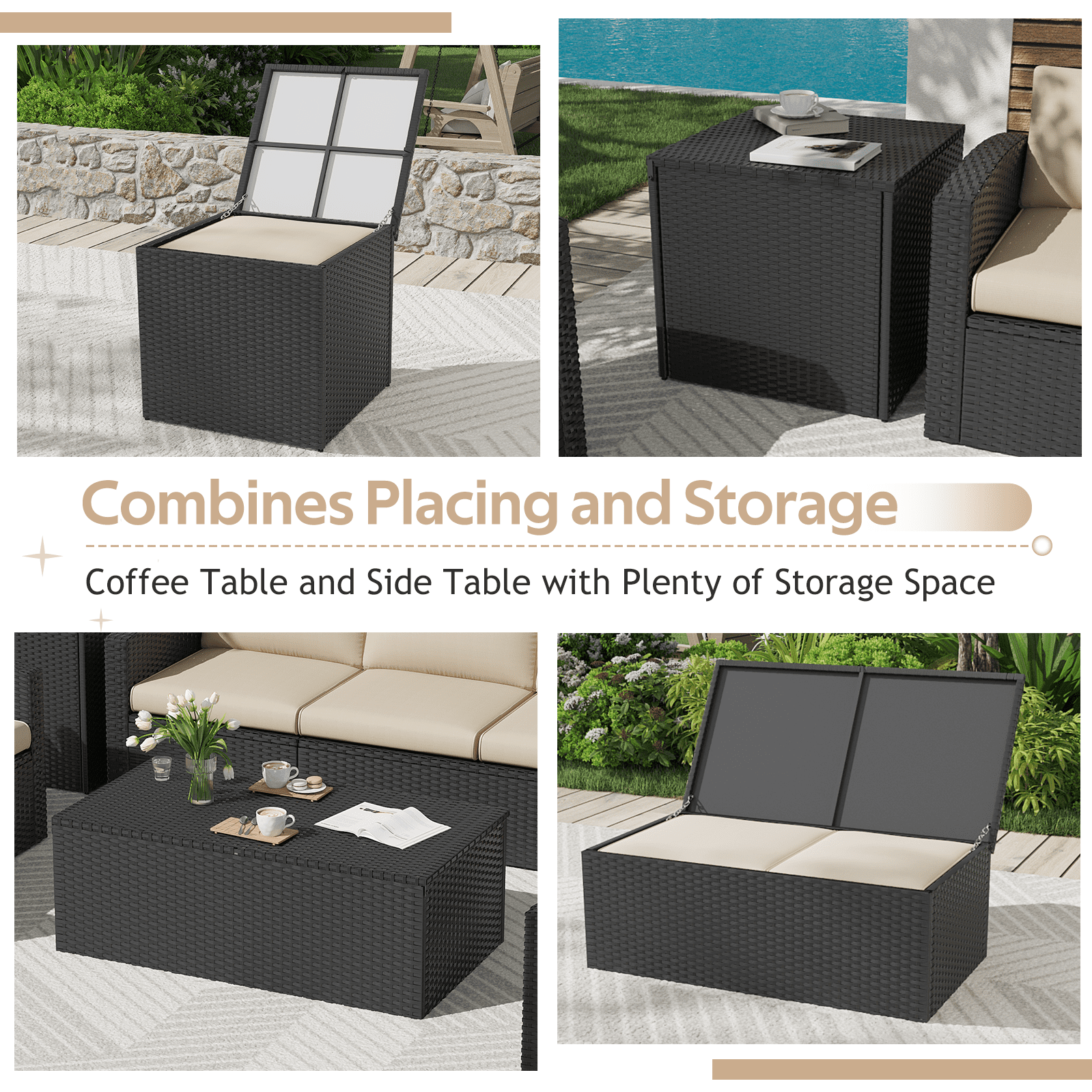 AECOJOY 7 Pieces Outdoor Furniture Set with Two Storage Boxes, Rattan Wicker Sectional Sofa Couch Patio Conversation Set, Black & Biege