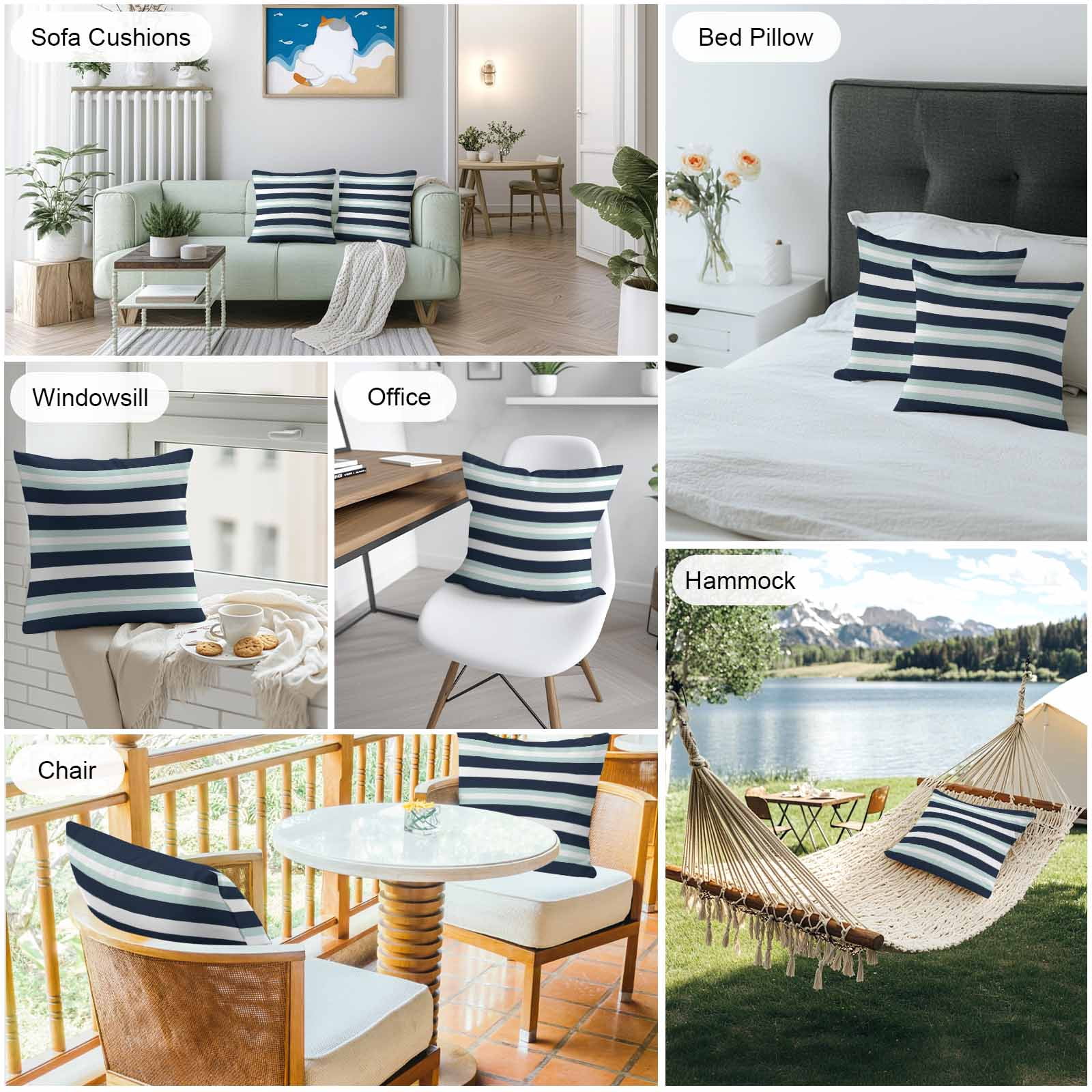 Turquoise Navy Blue Stripe Outdoor Pillow Covers Set of 2 Modern Abstract Waterproof Throw Pillow Case Decorative Square Cushion Cover for Patio Couch Garden Balcony, 18"x18"