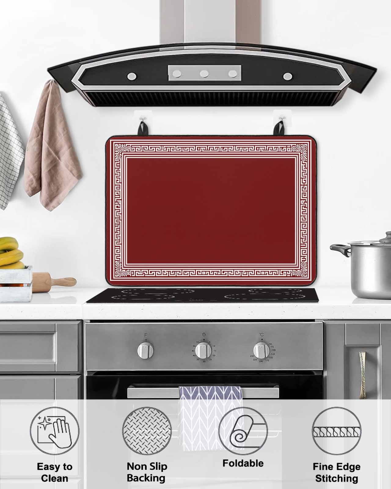 nqOlkjepod Large Induction Cooktop Protector Mat 24"x21", Red Geometric Stove Top Covers for Electric Stove, Country Farm Traditional Chinese Tile Stove Burner Cover Mats, Glass Top Stove Cover
