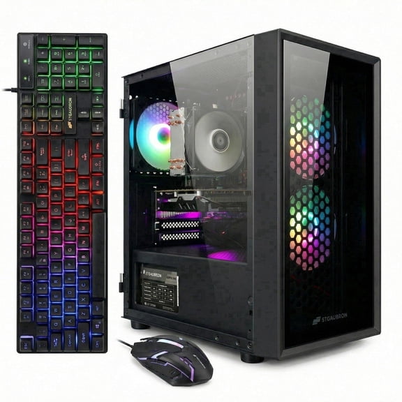 STGAubron Gaming PC Desktop, Intel i7 Xeon E5, RX 580 8G, 16GB RAM, 512G SSD, WiFi 6, BT 5.2, RGB Fan x3, Win 11 Home