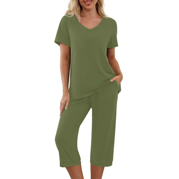 yievot Pajama Sets for Women Short Sleeve Shirt with Capri Pants Sets Solid Loungewear Sleepwear Pajamas Two Piece Outfits for Women