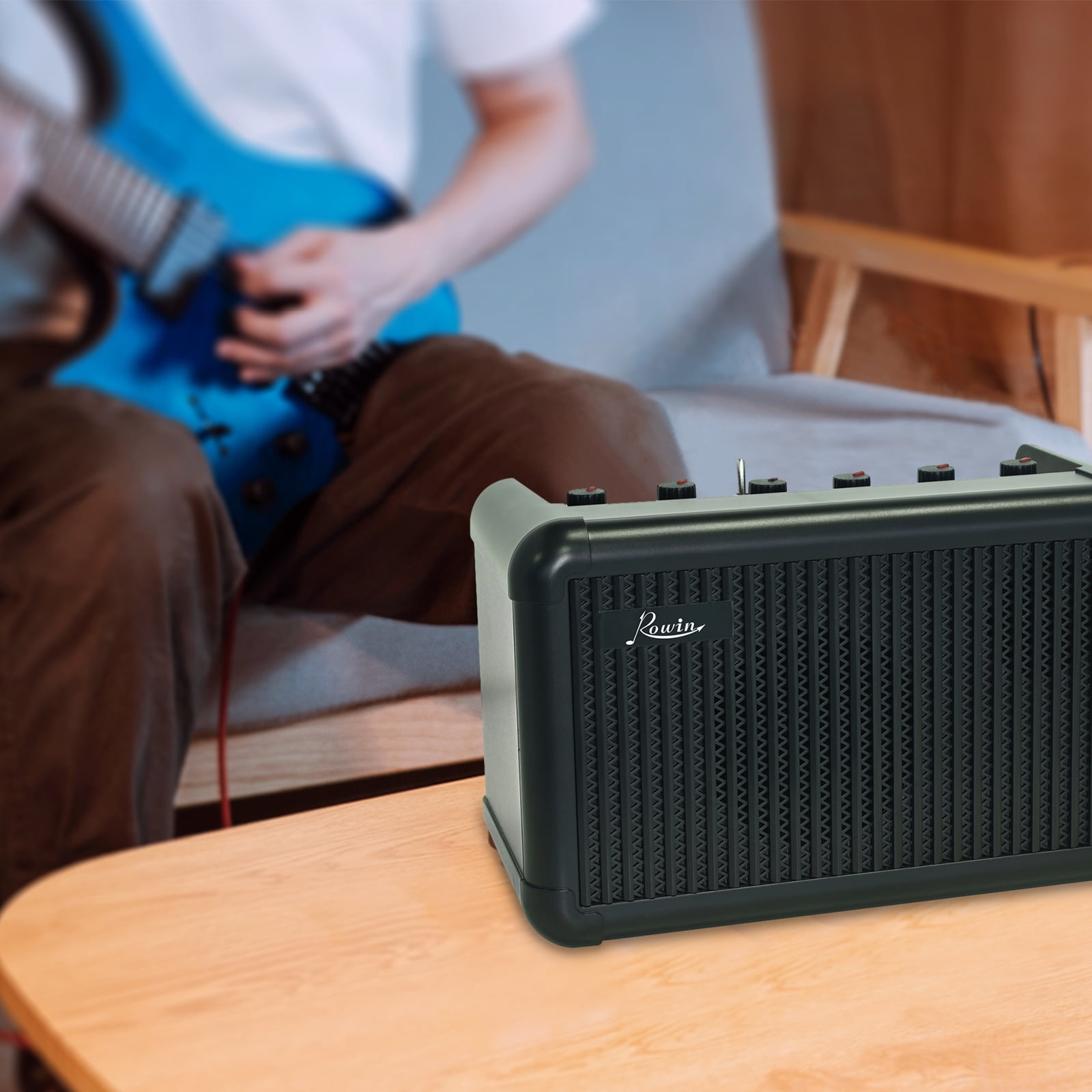 Rowin Electric Guitar Amp 15W Wireless BT Speaker Acoustic Guitar Amp with Tuning Function 8 Sound Effects 2200mAh Rechargeable Battery for Daily Practice Recording Portable Guitar Speaker