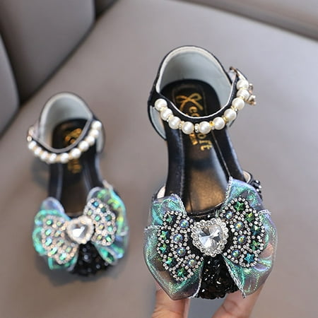 

kpoplk Toddler Sandals Kids Shoes Autumn New Children Princess Shoes Bow Knot Leather Shoes Dance Cute Shoes For Teen Girls(Black)