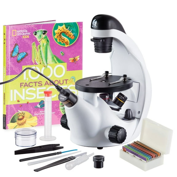 IQCrew by Amscope 40X-500X Inverted Student Microscope, Insect Book, 10 Prepared Slides, Eyepiece Camera, 10PC Slide Prep Kit